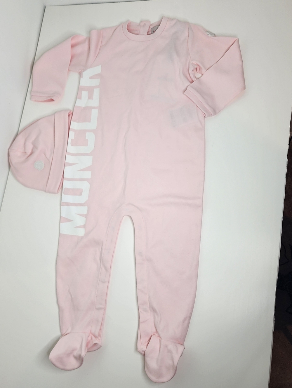 Moncler Pink Logo Footed One-Piece with Matching Hat Baby Size 12 To 18 Months